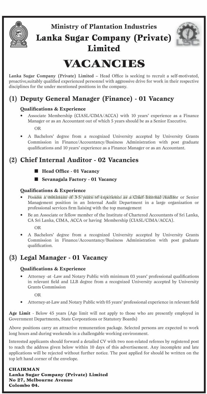 Deputy General Manager, Chief Internal Auditor, Legal Manager - Lanka Sugar Company (Private) Limited